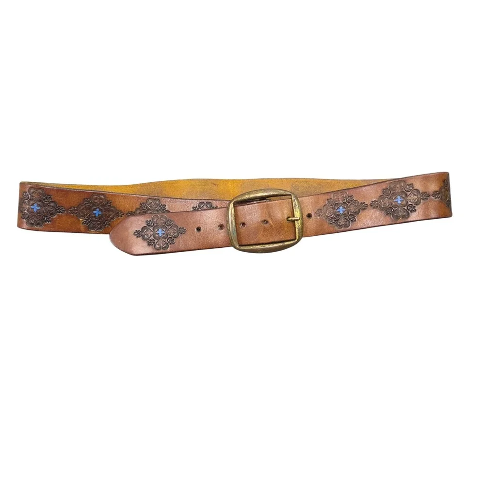 Vintage Leather Belt Mens 34 Brown Tooled Floral Western Boho Brass Buckle 70s